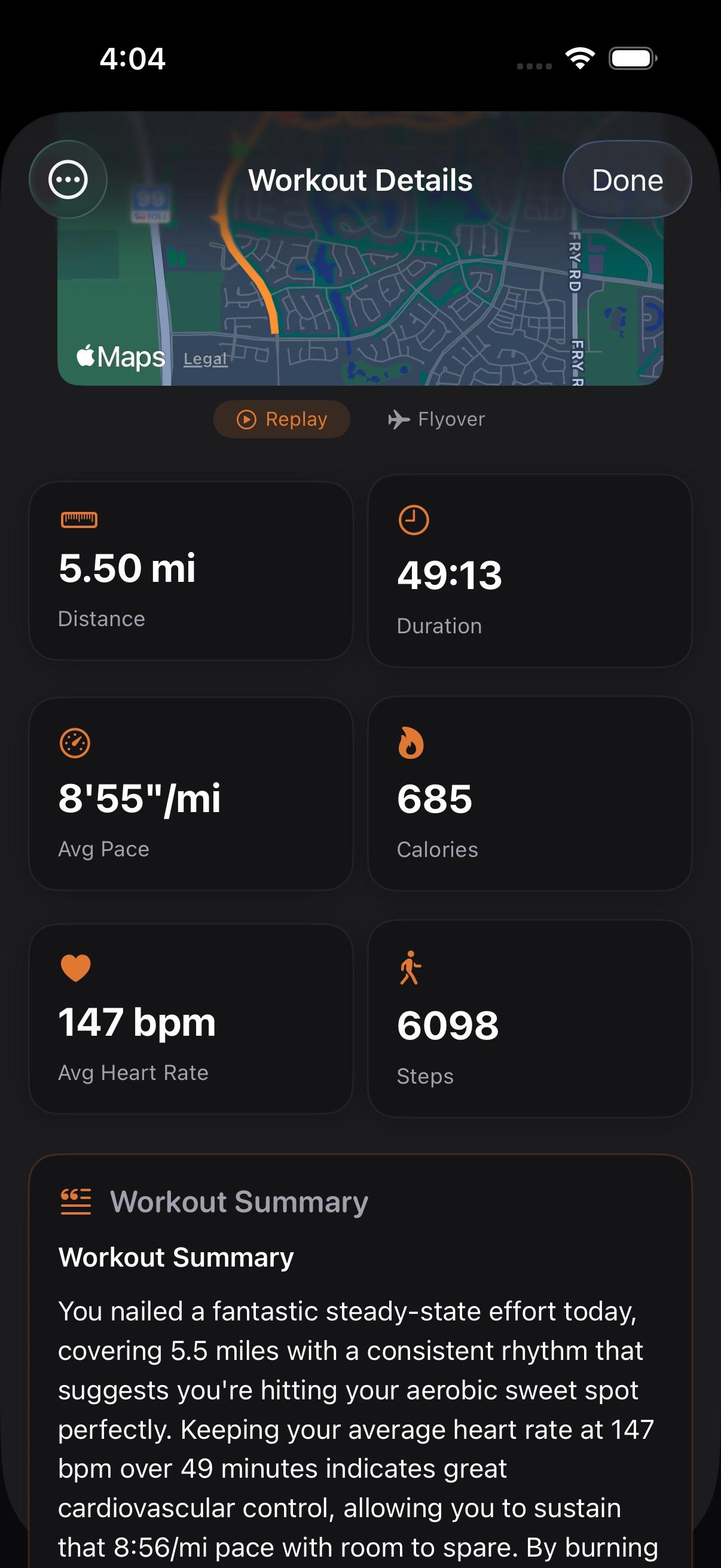 A recorded run showing its route, distance, pace and an AI-written summary