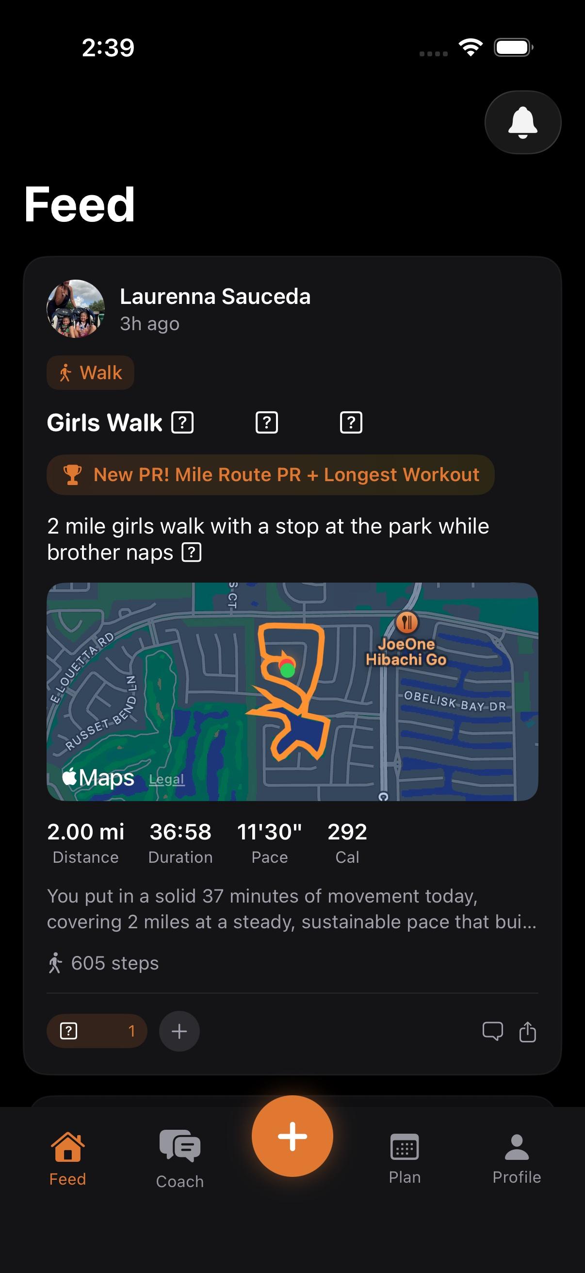 The activity feed showing a walk with a new PR badge and its route map