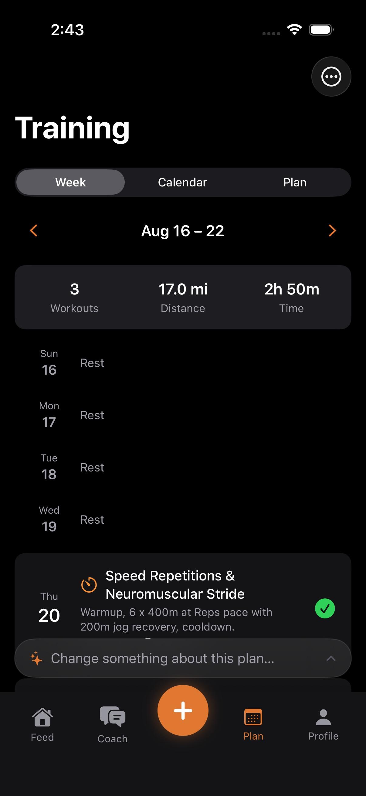 A training week mixing an aerobic run, bodyweight calisthenics and a hill session