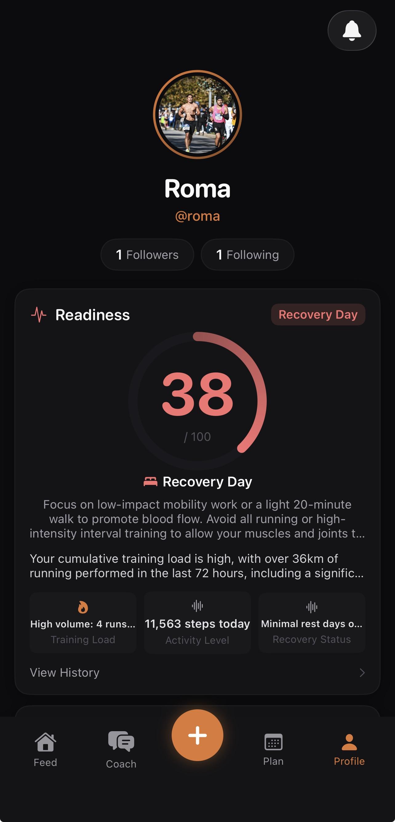 A readiness score of 38 flagging a Recovery Day, with training load, activity level and recovery status
