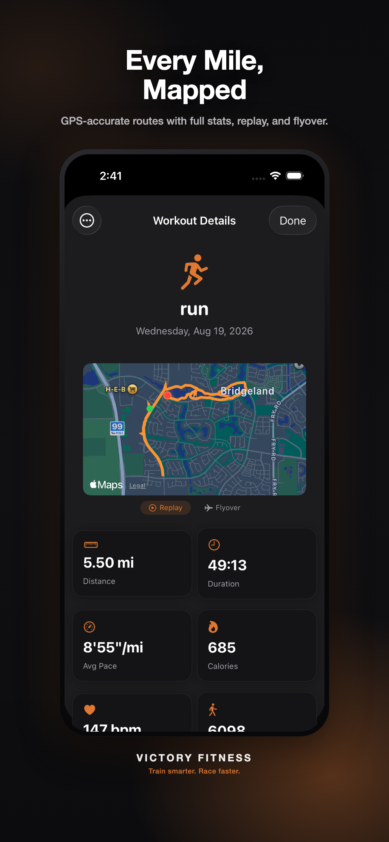 Every Mile, Mapped — a GPS route with full stats, replay and flyover