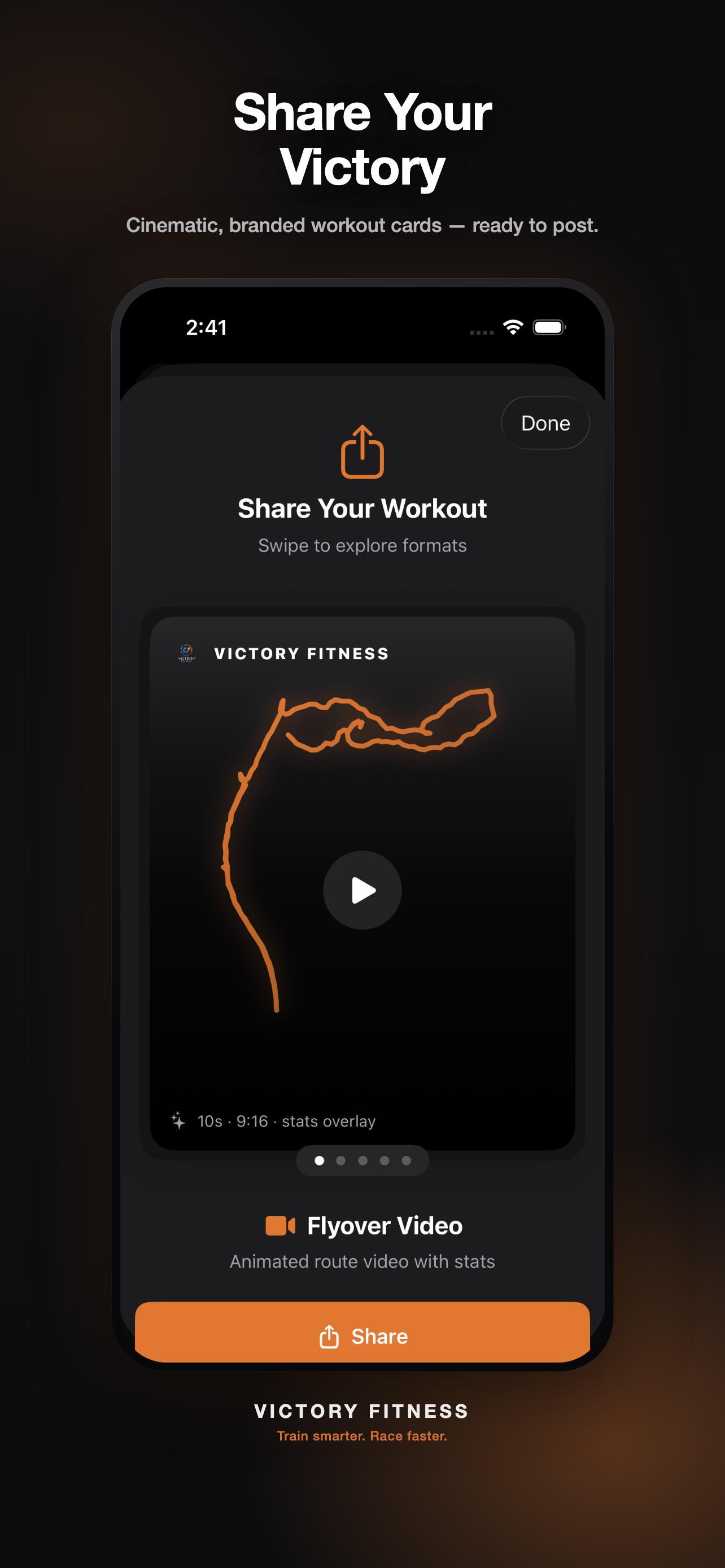 Share Your Victory — a branded, glowing route card ready to post
